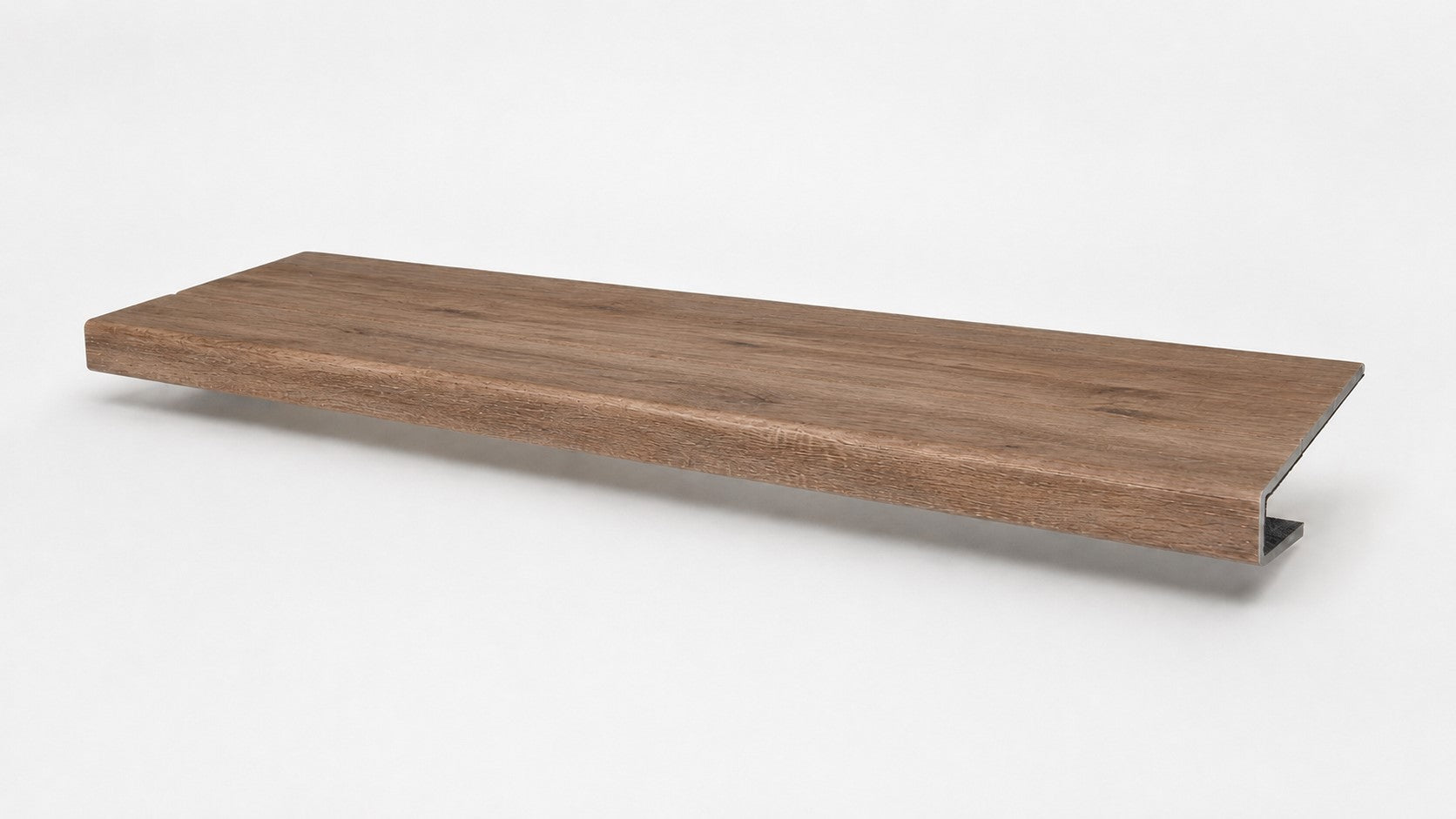 Custom square-nose stair tread made from A&A Surfaces Forrest Brown flooring. Square profile. Full view.