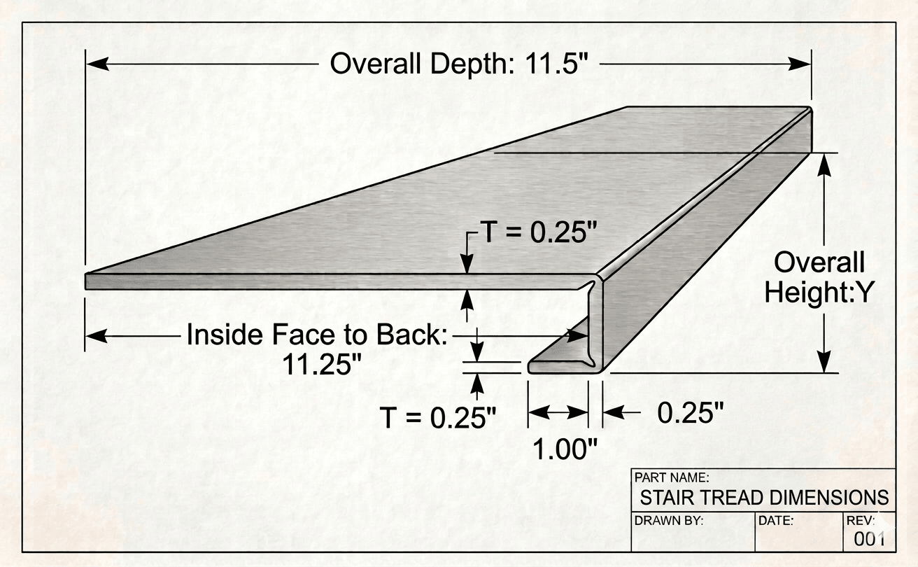 Technical diagram showing custom stair tread dimensions, including overall depth (11.5"), inside face measurement (11.25"), tread thickness (0.25"), and integrated nosing profile with 1" drop and 0.25" return.