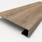 Custom square-nose stair tread made from DuraLux Performance Alamo Oak flooring. Square profile. Angled view.