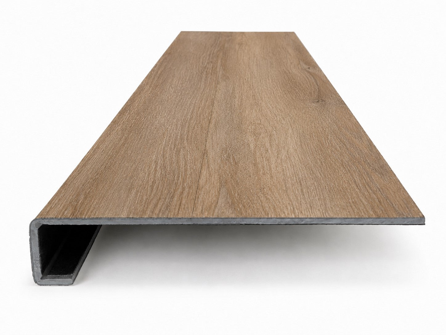Custom square-nose stair tread made from DuraLux Performance Alamo Oak flooring. Square profile. Front view.