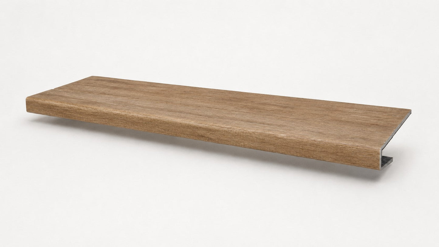 Custom square-nose stair tread made from DuraLux Performance Alamo Oak flooring. Square profile. Full view.