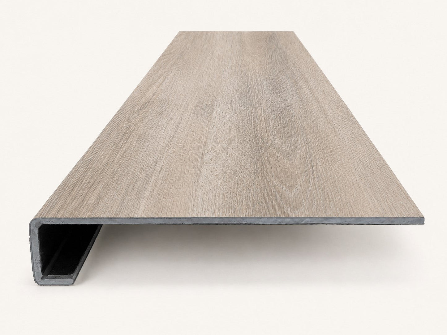 Custom square-nose stair tread made from DuraLux Performance Highguard Silver flooring. Square profile. Front view.