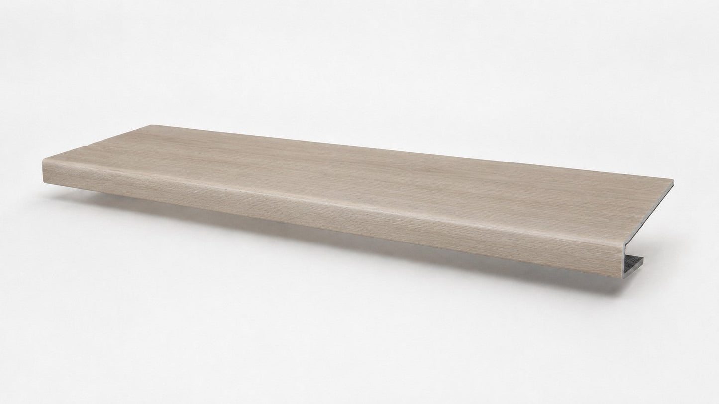 Custom square-nose stair tread made from DuraLux Performance Lorraine Sienna flooring. Square profile. Full view.