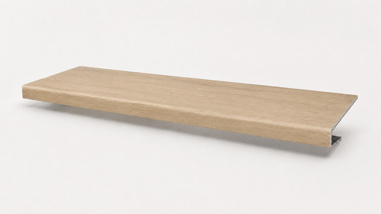 Custom square-nose stair tread made from DuraLux Performance Paisley Cape flooring. Square profile. Full view.