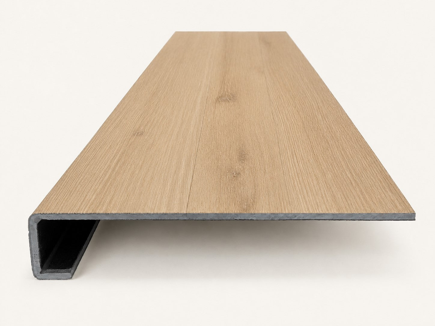 Custom square-nose stair tread made from DuraLux Performance Piedmont Bend flooring. Square profile. Front view.