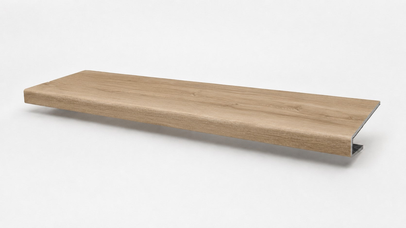 Custom square-nose stair tread made from DuraLux Performance Piedmont Bend flooring. Square profile. Full view.