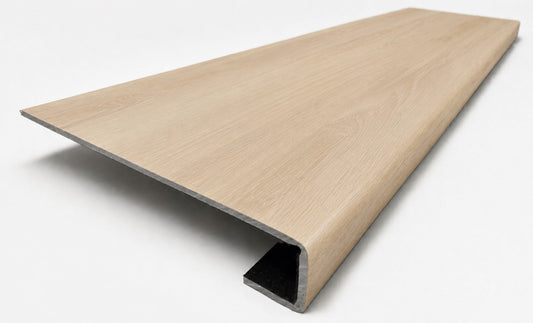 Custom square-nose stair tread made from DuraLux Performance Poplar Trace flooring. Square profile. Angled view.