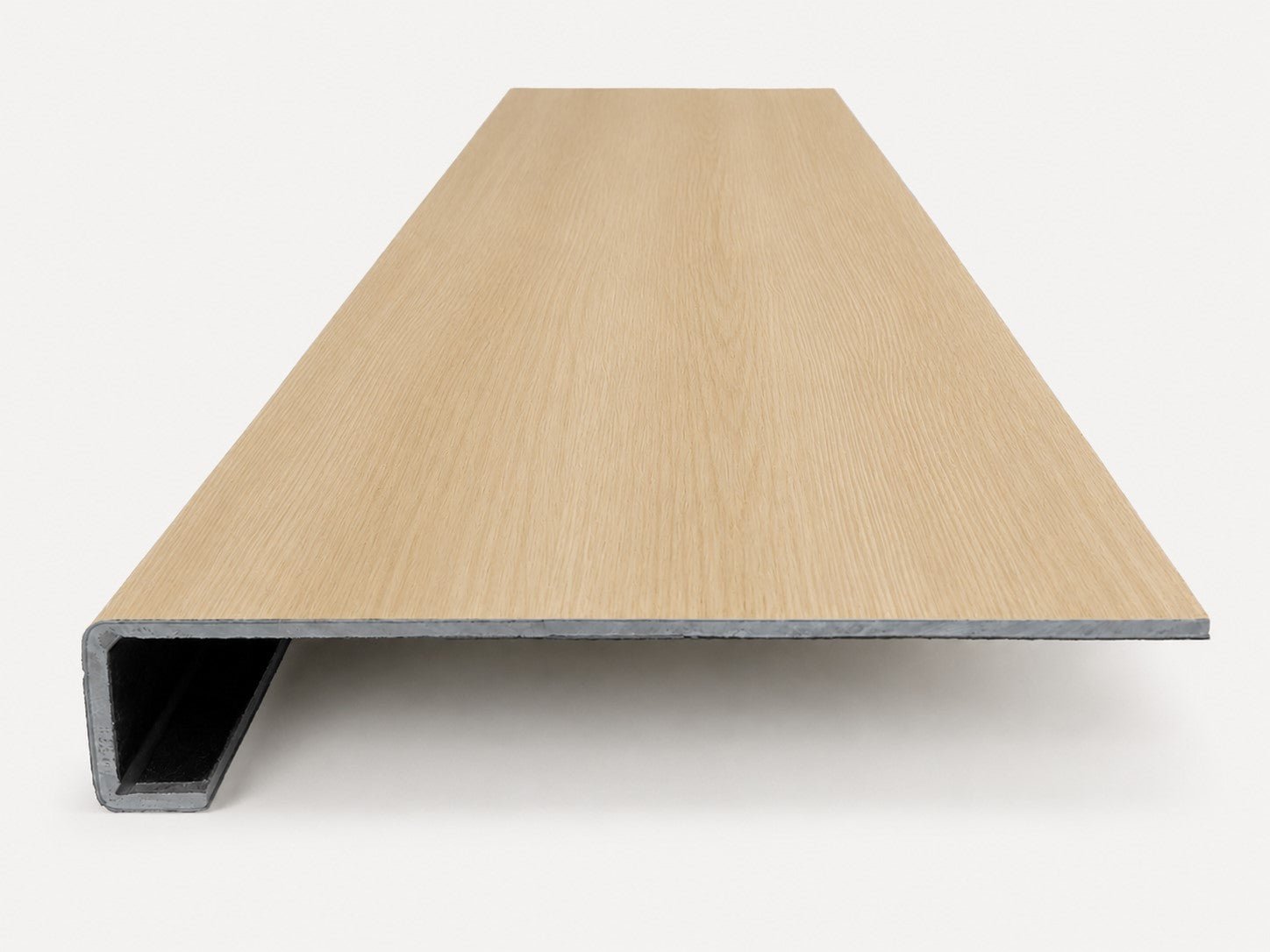 Custom square-nose stair tread made from DuraLux Performance Poplar Trace flooring. Square profile. Front view.