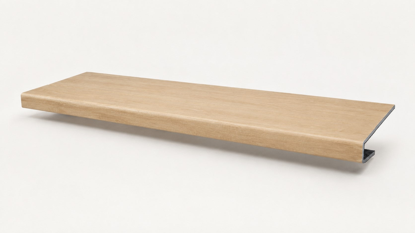 Custom square-nose stair tread made from DuraLux Performance Poplar Trace flooring. Square profile. Full view.
