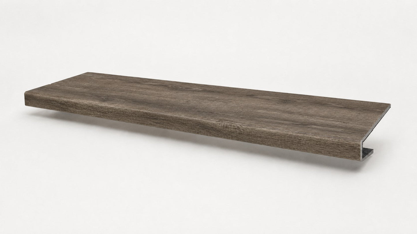 Custom square-nose stair tread made from DuraLux Performance Stormy Elm flooring. Square profile. Full view.