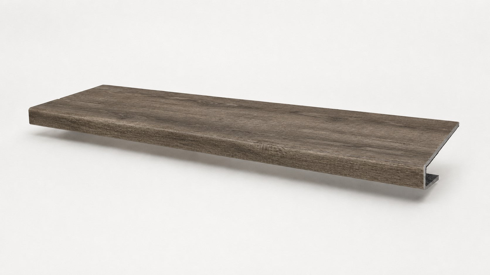 Custom square-nose stair tread made from DuraLux Performance Stormy Elm flooring. Square profile. Full view.