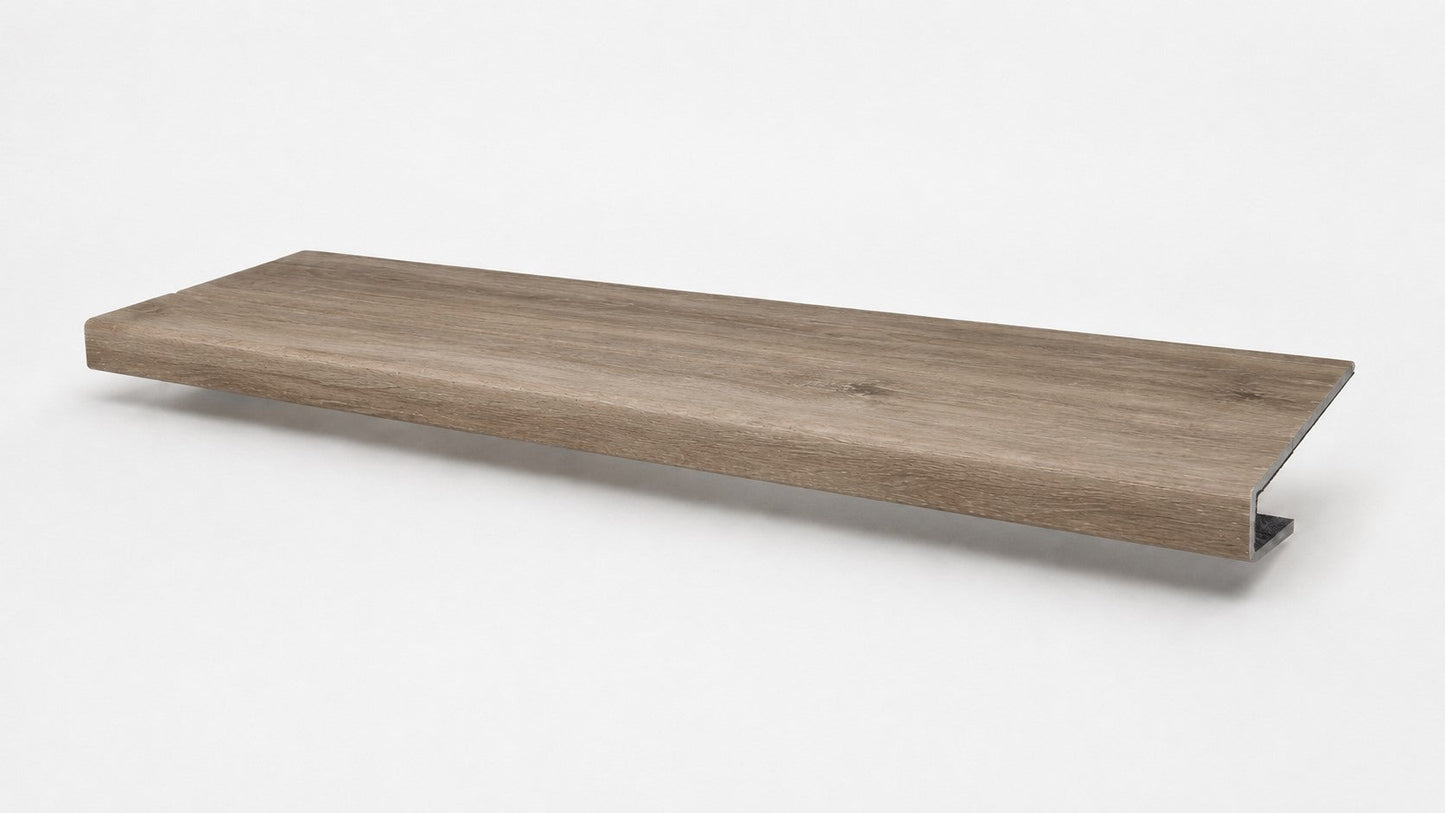 Custom square-nose stair tread made from DuraLux Performance Timber Saddle flooring. Square profile. Full view.