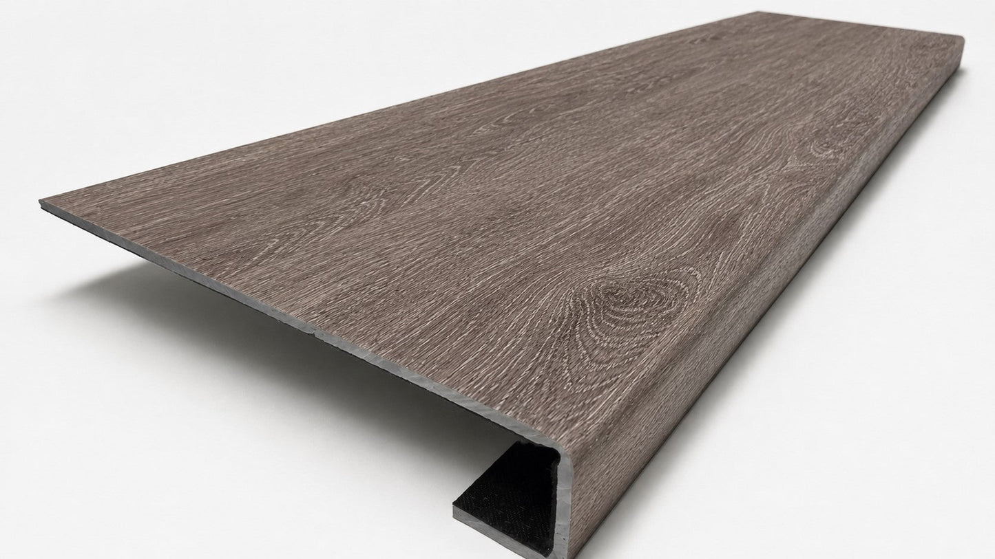Custom square-nose stair tread made from DuraLux Performance Winter Peak flooring. Square profile. Angled view.