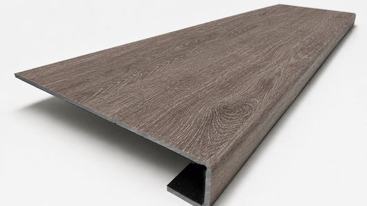 Custom square-nose stair tread made from DuraLux Performance Winter Peak flooring. Square profile. Angled view.