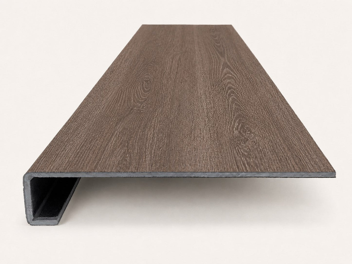 Custom square-nose stair tread made from DuraLux Performance Winter Peak flooring. Square profile. Front view.