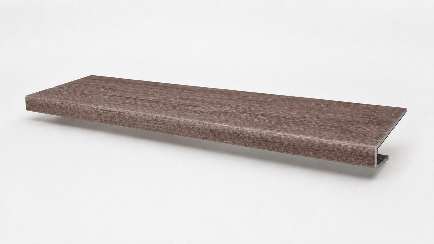 Custom square-nose stair tread made from DuraLux Performance Winter Peak flooring. Square profile. Full view.