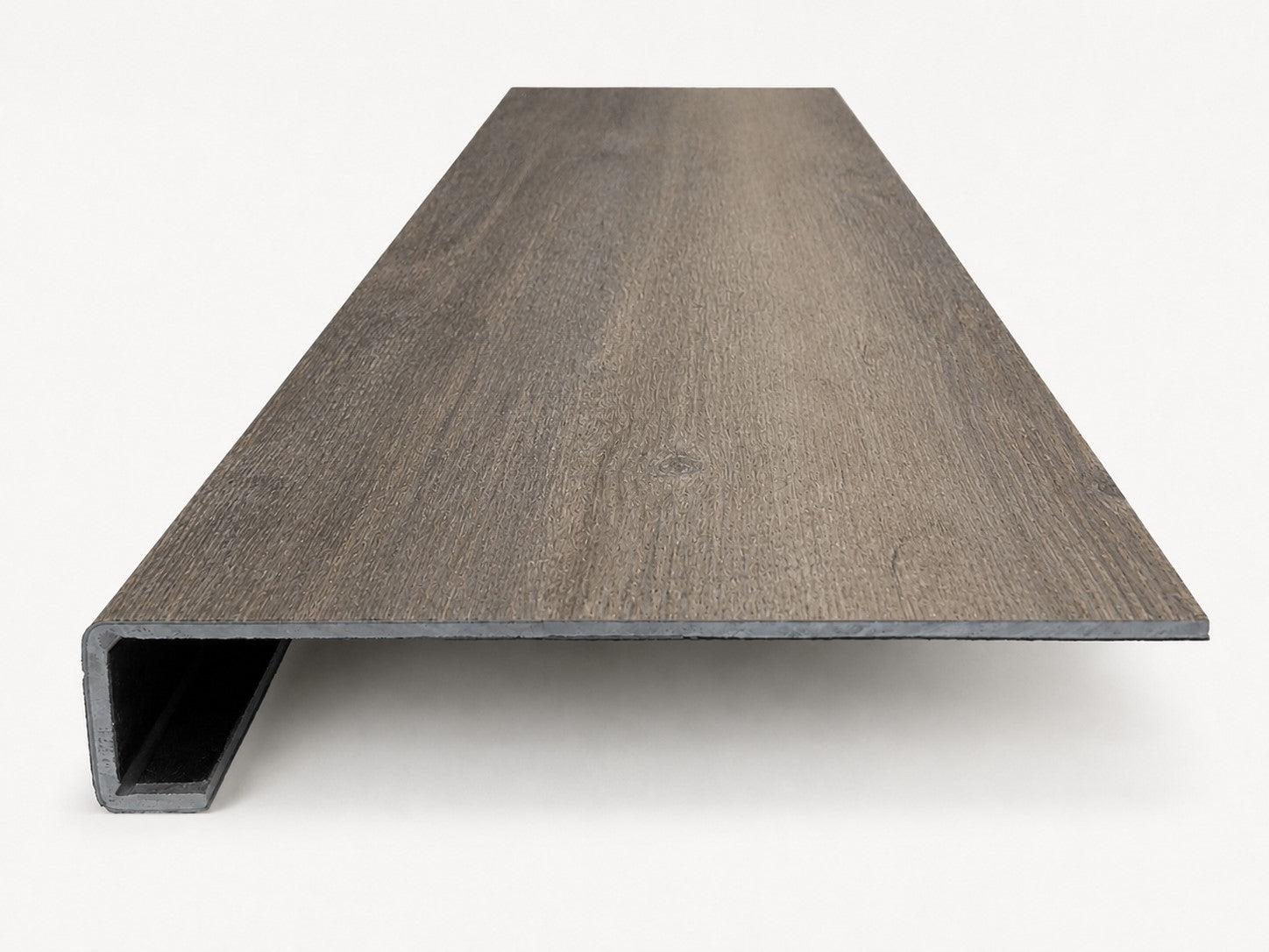 Custom square-nose stair tread made to match LifeProof Bradbury Hill flooring, with a weathered wood-look finish, continuous grain, and a square profile for a finished stair edge. Front View