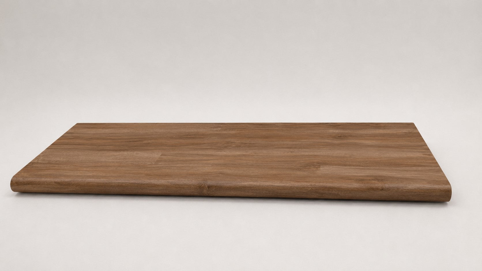 Custom round-nose stair tread made to match LifeProof Butler Hickory flooring. Round profile. Full view.