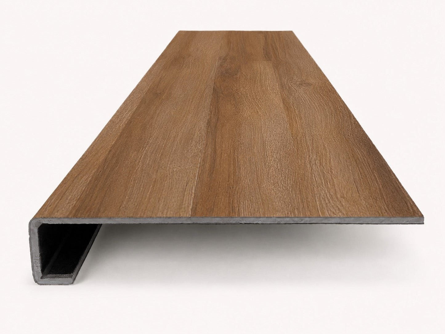 Custom square-nose stair tread made to match LifeProof Butler Hickory flooring. Square profile. Front view.