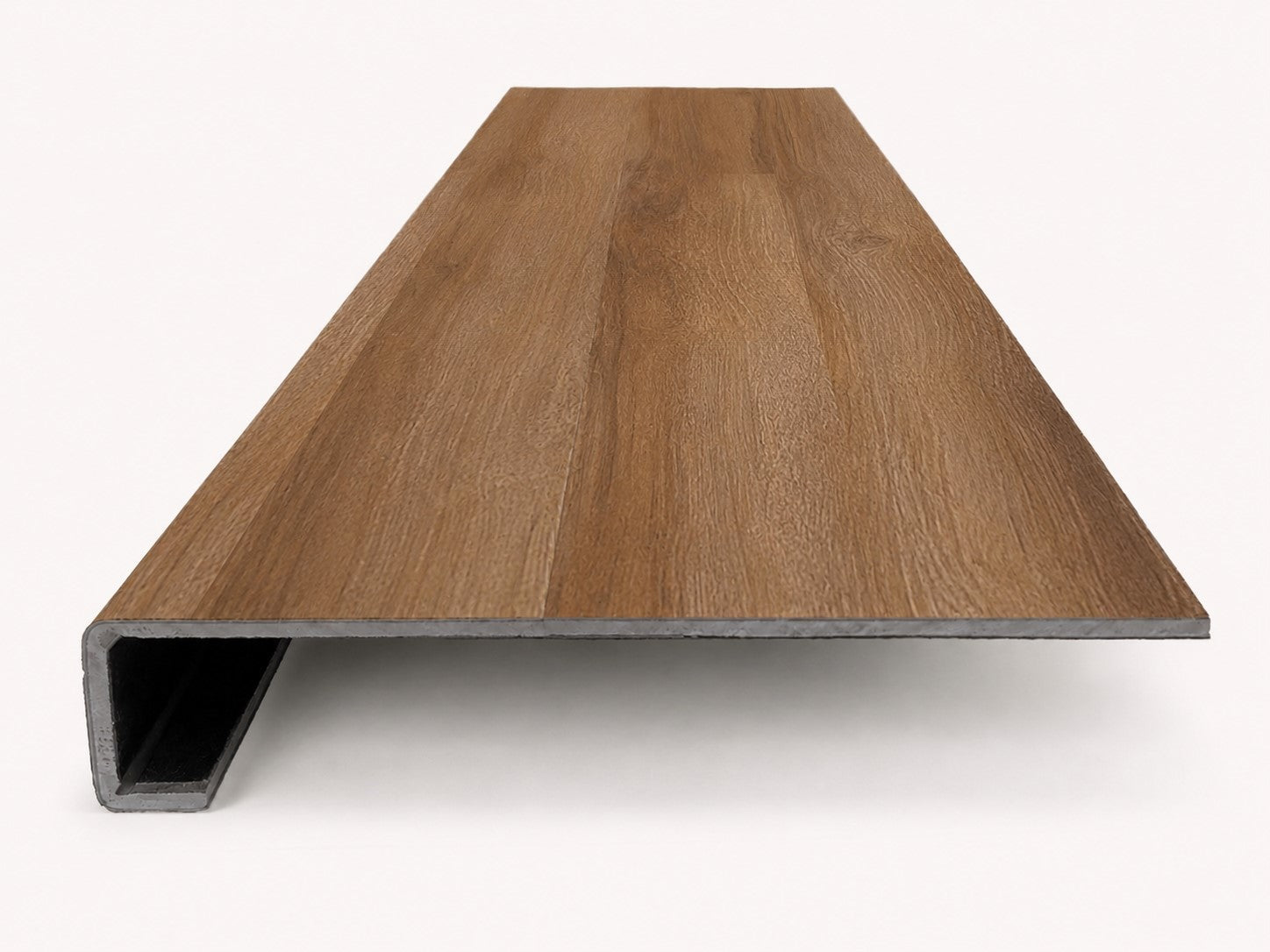 Custom square-nose stair tread made to match LifeProof Butler Hickory flooring. Square profile. Front view.