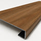 Custom square-nose stair tread made to match LifeProof Butler Hickory flooring. Square profile. Angled view.