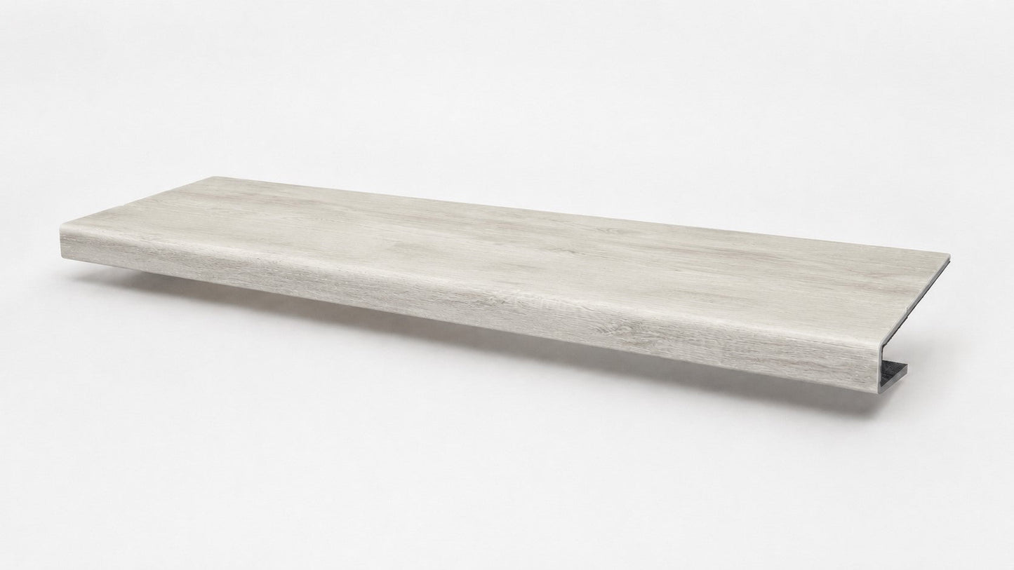 Custom square-nose stair tread made from LifeProof Chiffon Lace flooring. Square profile. Full view.