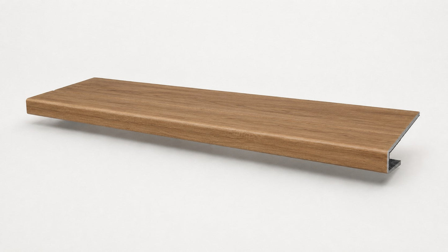 Custom square-nose stair tread made from LifeProof Clermont Elm flooring. Square profile. Full view.