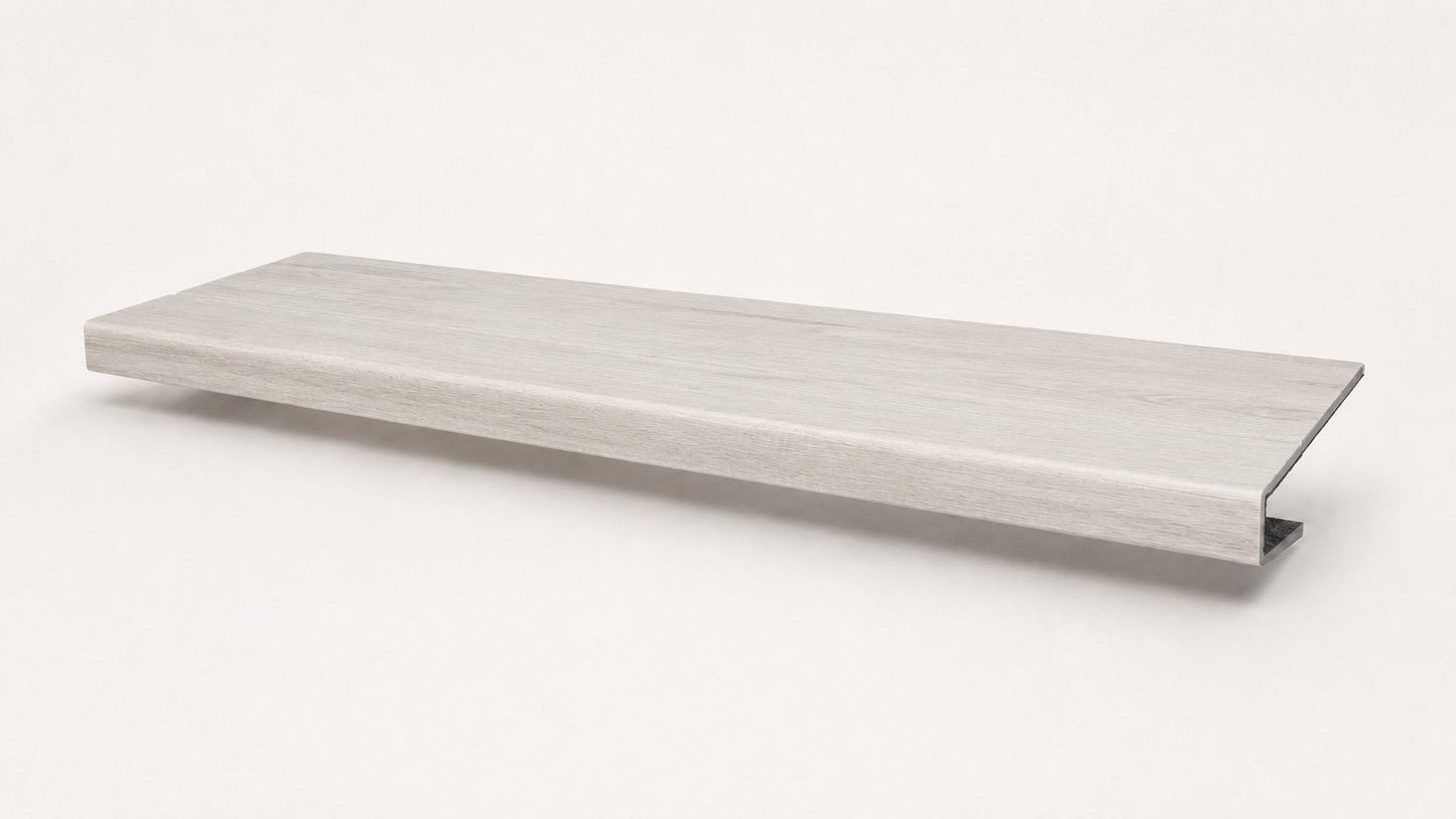 Custom square-nose stair tread made from LifeProof Driftwood Beach Oak flooring. Square profile. Full view.