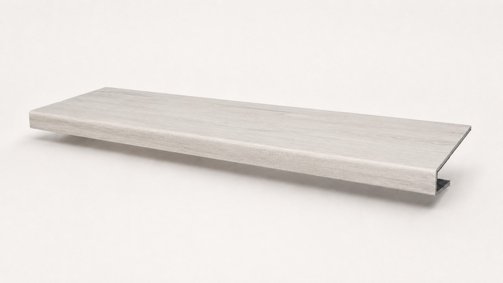 Custom square-nose stair tread made from LifeProof Driftwood Beach Oak flooring. Square profile. Full view.