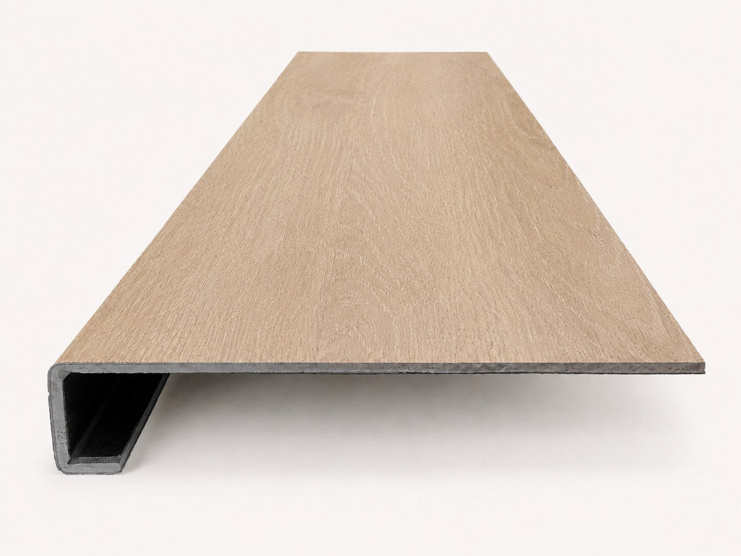 Custom square-nose stair tread made from LifeProof Dusk Cherry flooring. Square profile. Front view.