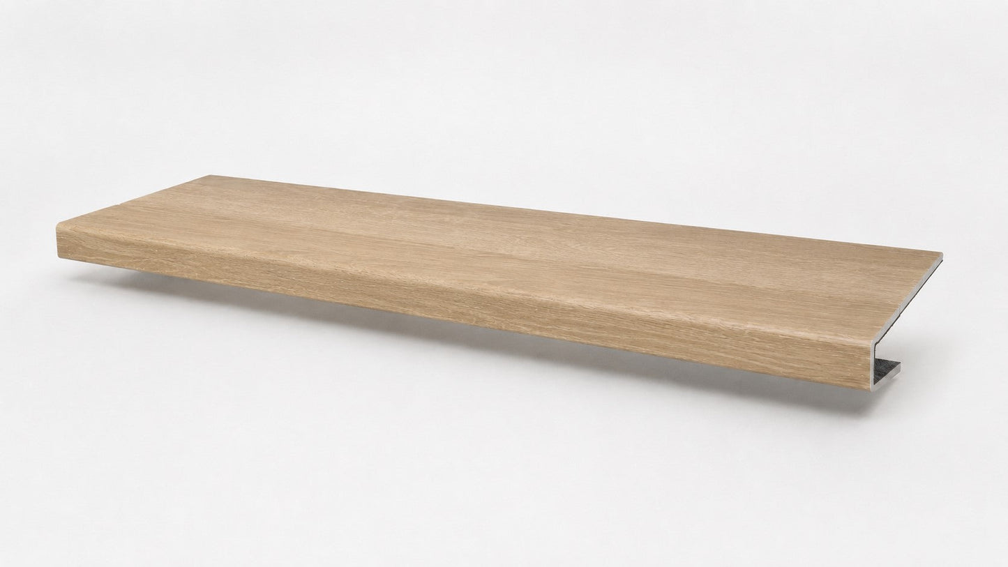 Custom square-nose stair tread made from LifeProof Dusk Cherry flooring. Square profile. Full view.