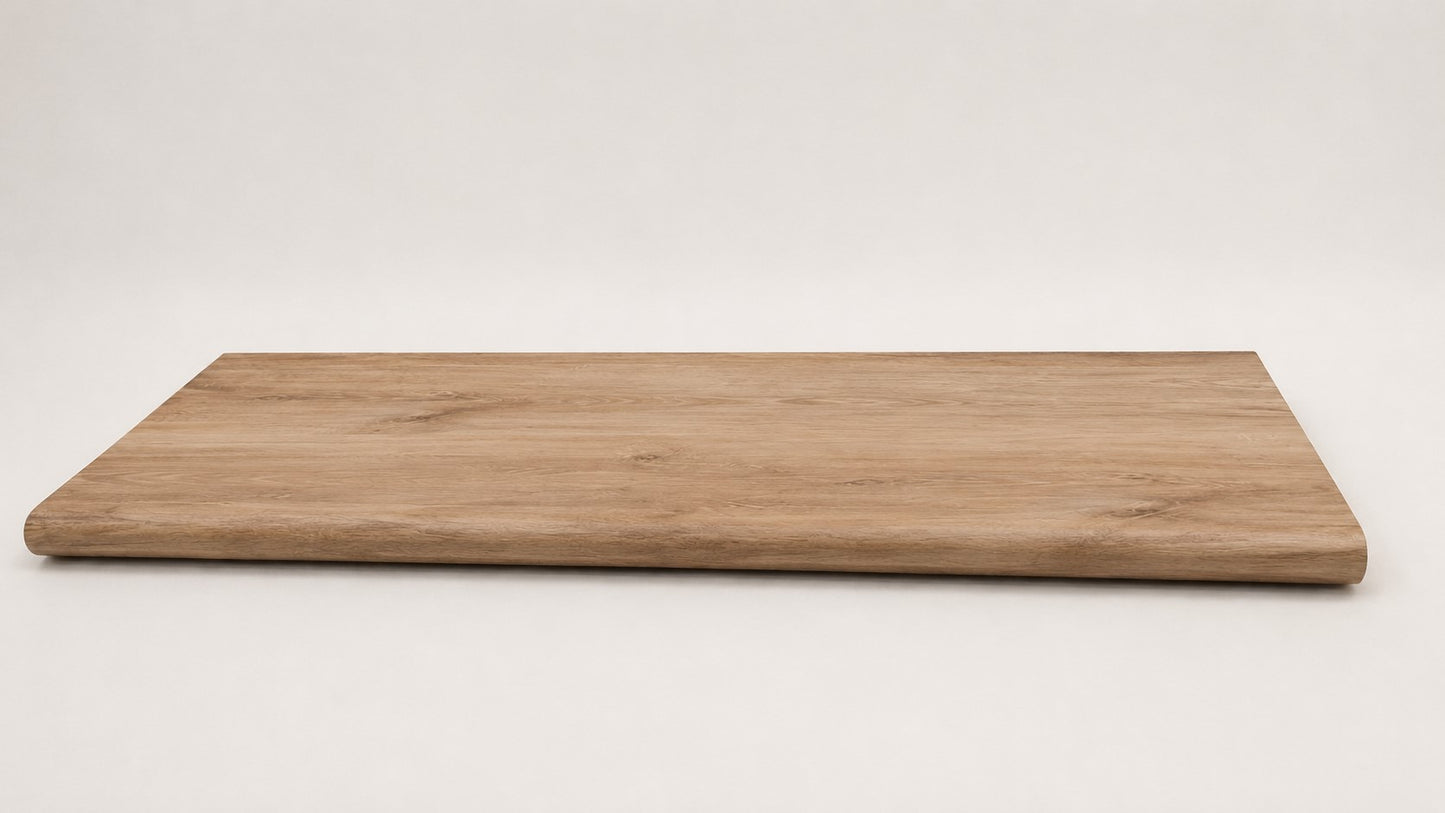 Custom round-nose stair tread made from LifeProof Fresh Oak flooring. Round profile. Full view.