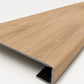 Custom square-nose stair tread made from LifeProof Fresh Oak flooring. Square profile. Angled view.