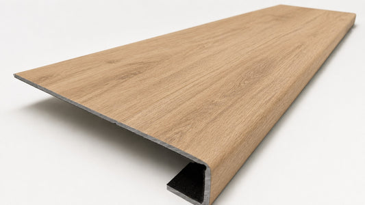 Custom square-nose stair tread made from LifeProof Fresh Oak flooring. Square profile. Angled view.