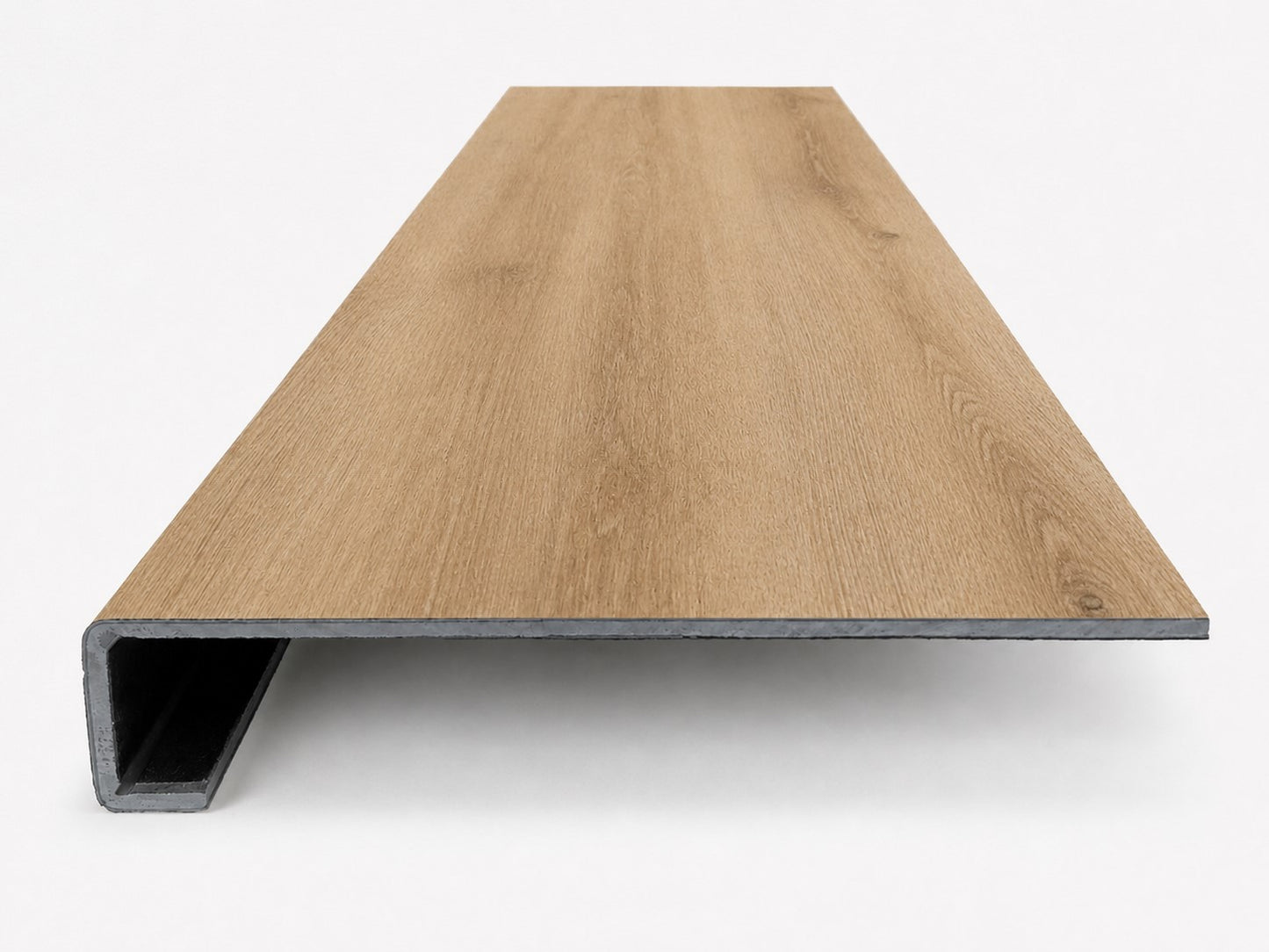 Custom square-nose stair tread made from LifeProof Fresh Oak flooring. Square profile. Front view.