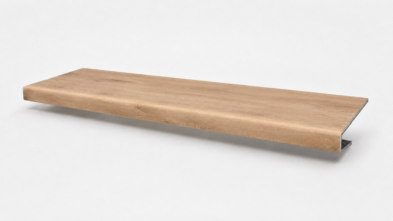 Custom square-nose stair tread made from LifeProof Fresh Oak flooring. Square profile. Full view.