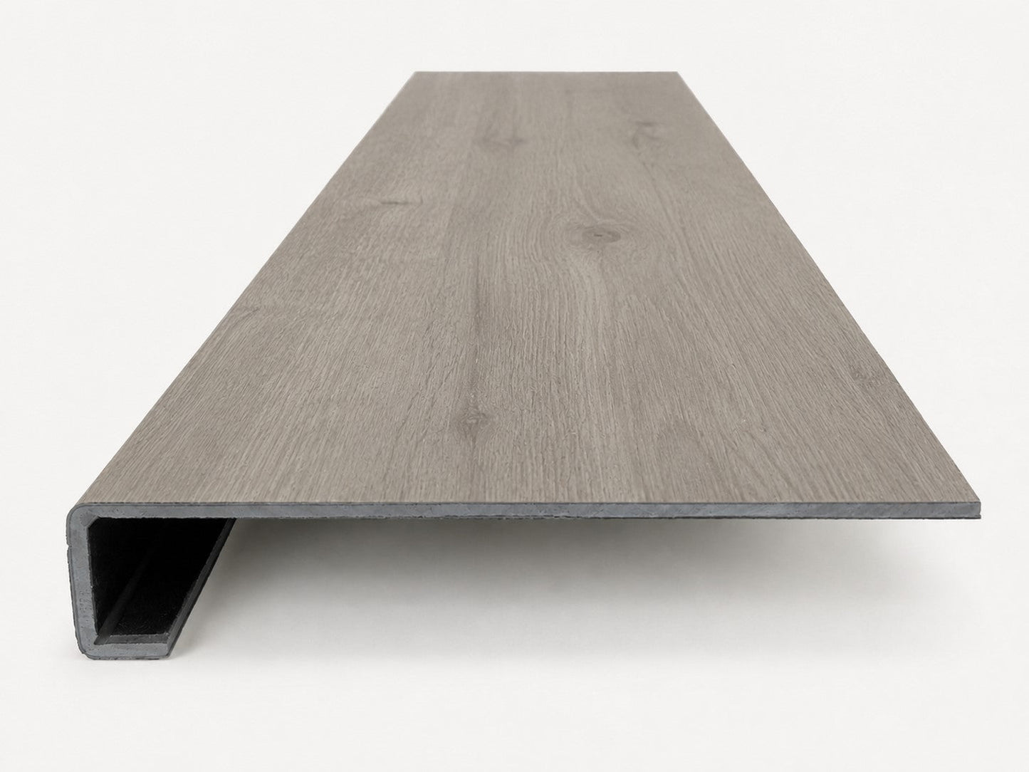 Custom square-nose stair tread made from LifeProof Kacee Canyon Oak flooring. Square profile. Front view.