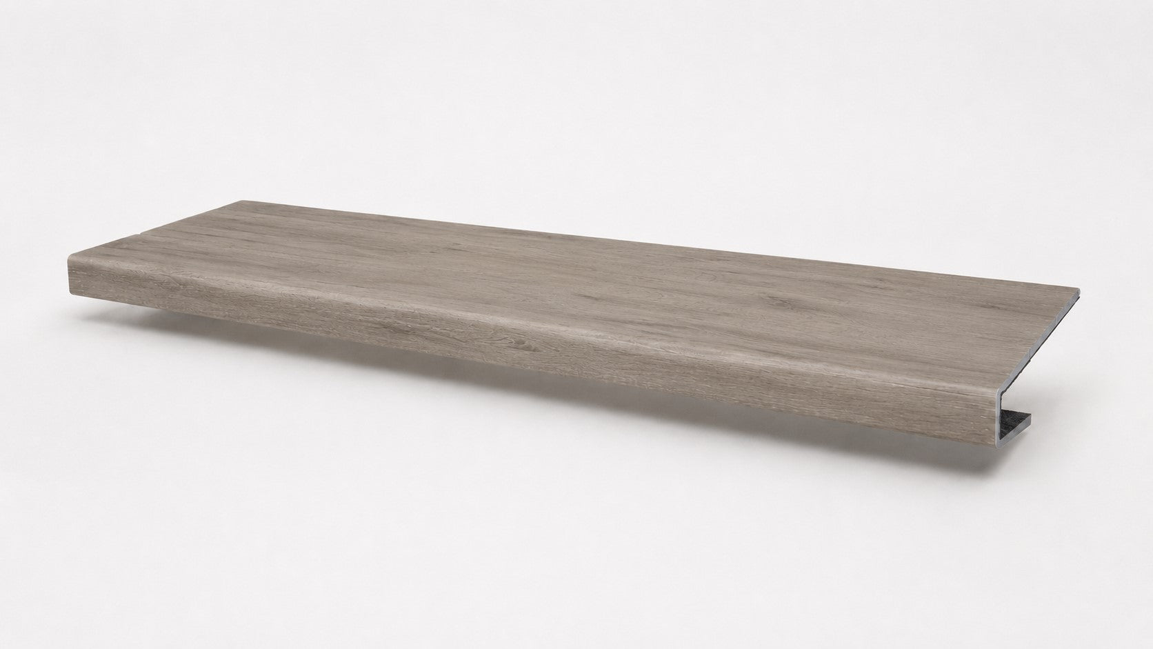 Custom square-nose stair tread made from LifeProof Kacee Canyon Oak flooring. Square profile. Full view.