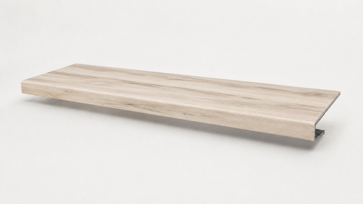 Custom square-nose stair tread made from LifeProof Navarra Maple Oak flooring. Square profile. Full view.