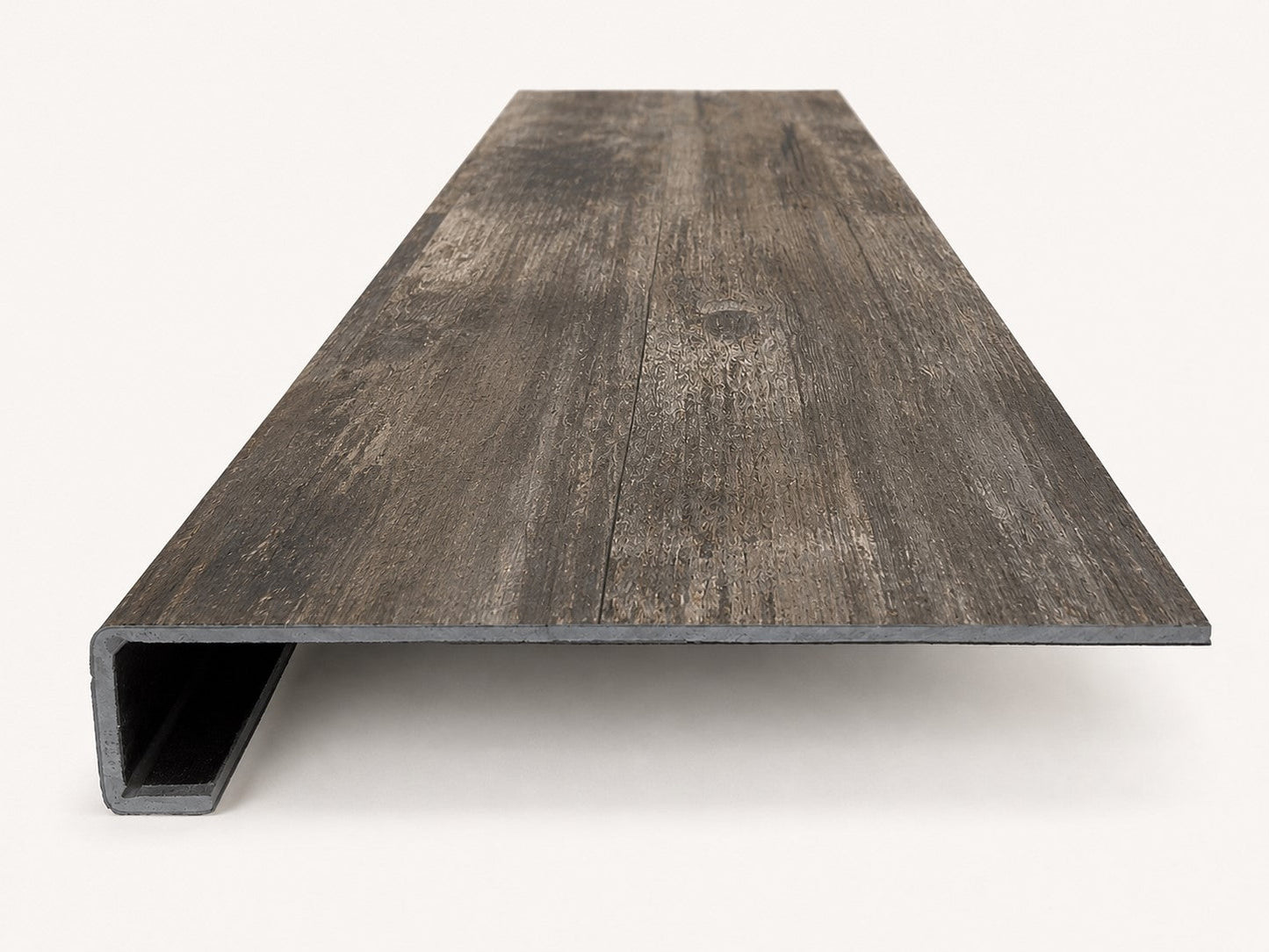 Custom square-nose stair tread made to match LifeProof Restored Wood flooring. Square profile. Front view.