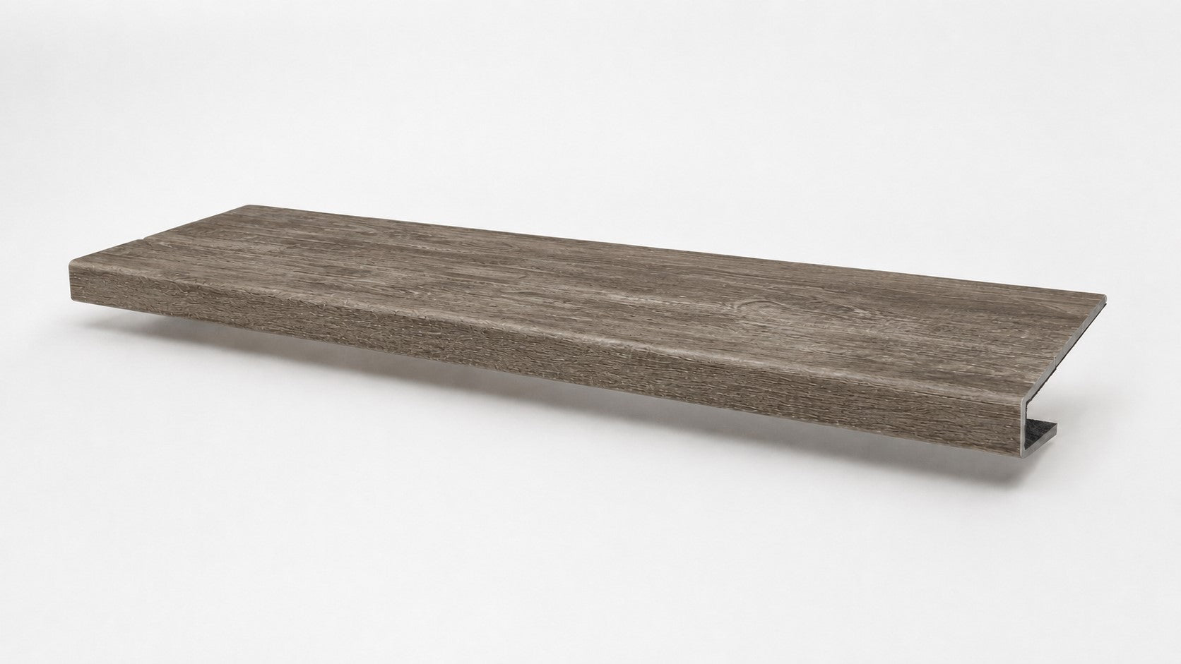 Custom square-nose stair tread made to match LifeProof Restored Wood flooring. Square profile. Full view.