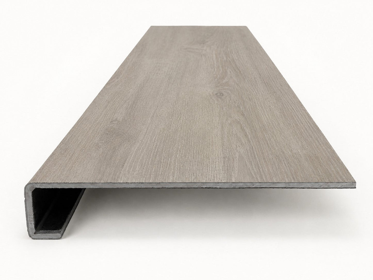 Custom square-nose stair tread made from LifeProof Sterling Oak flooring. Square profile. Front view.
