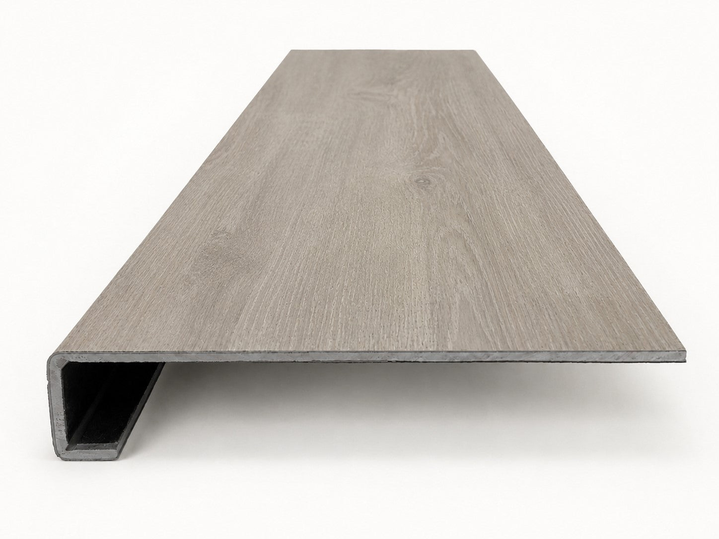 Custom square-nose stair tread made from LifeProof Sterling Oak flooring. Square profile. Front view.