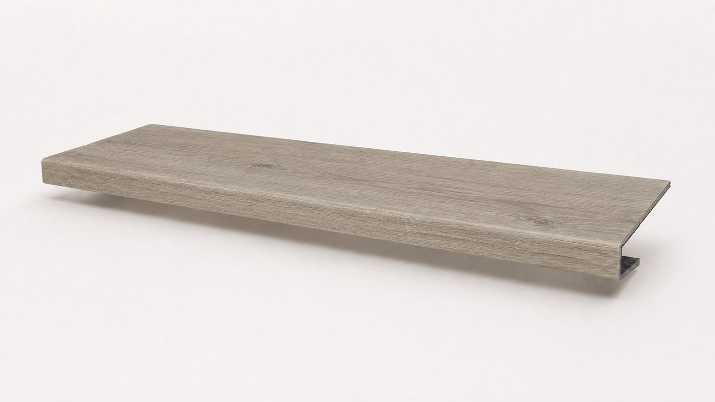Custom square-nose stair tread made from LifeProof Sterling Oak flooring. Square profile. Full view.