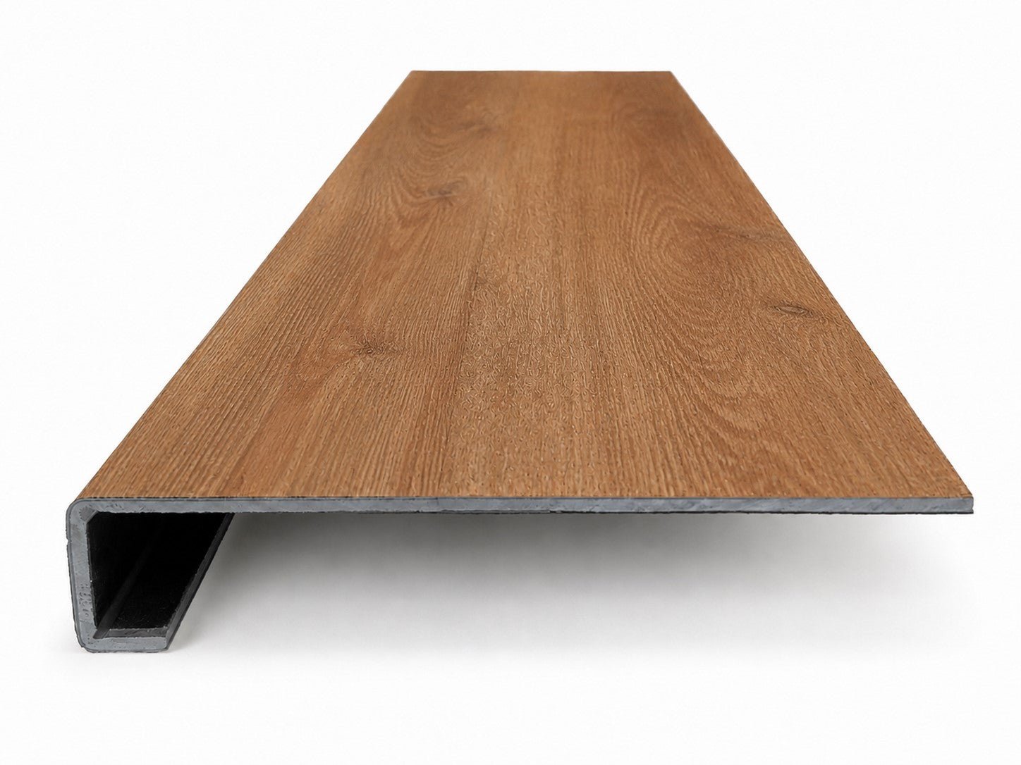 Custom square-nose stair tread made from LifeProof Trail Oak flooring. Square profile. Front view.