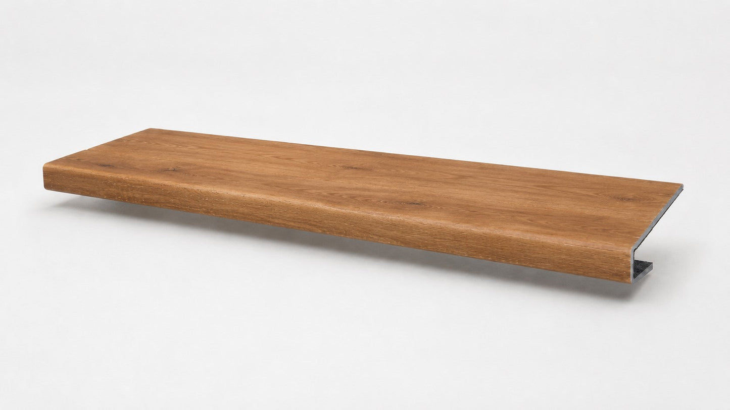 Custom square-nose stair tread made from LifeProof Trail Oak flooring. Square profile. Full view.