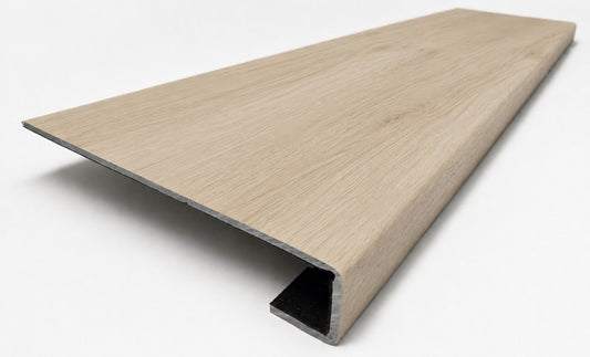 Custom square-nose stair tread made from LifeProof Vesinet Oak flooring. Square profile. Angled view.