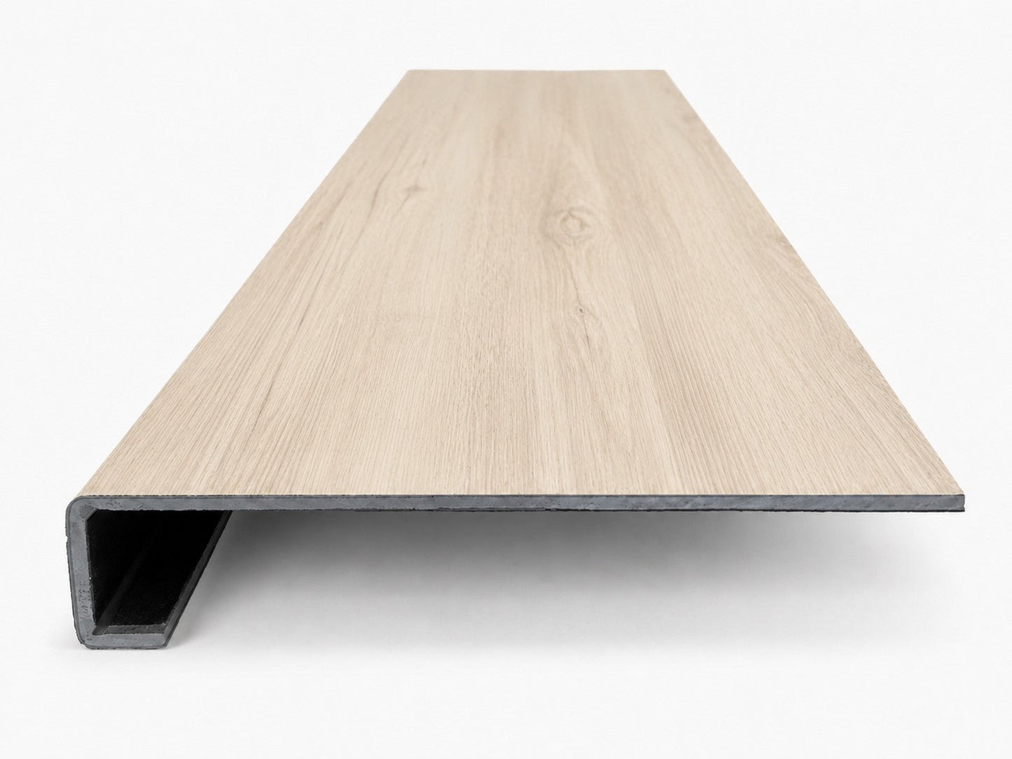 Custom square-nose stair tread made to match LifeProof Vesinet Oak flooring, featuring a light wood-look finish, continuous grain, and a square profile for a clean stair transition. Front View