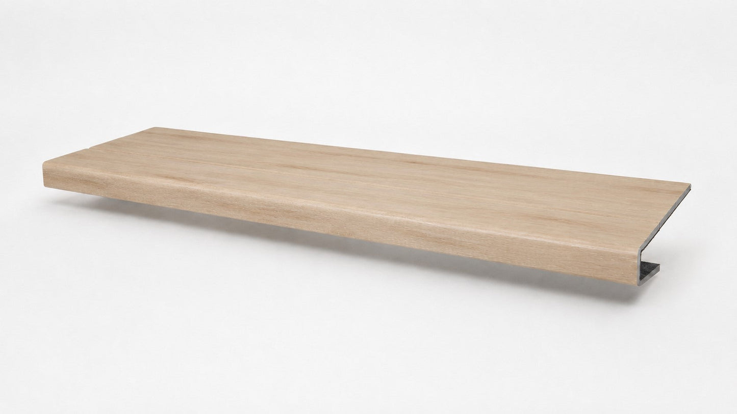 Custom square-nose stair tread made to match LifeProof Vesinet Oak flooring, featuring a light wood-look finish, continuous grain, and a square profile for a clean stair transition. Full View