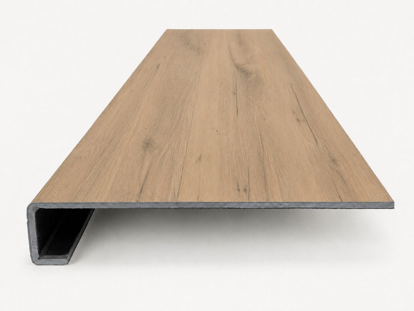 Custom square-nose stair tread made to match LifeProof Westminster Oak flooring. Square profile. Front view.